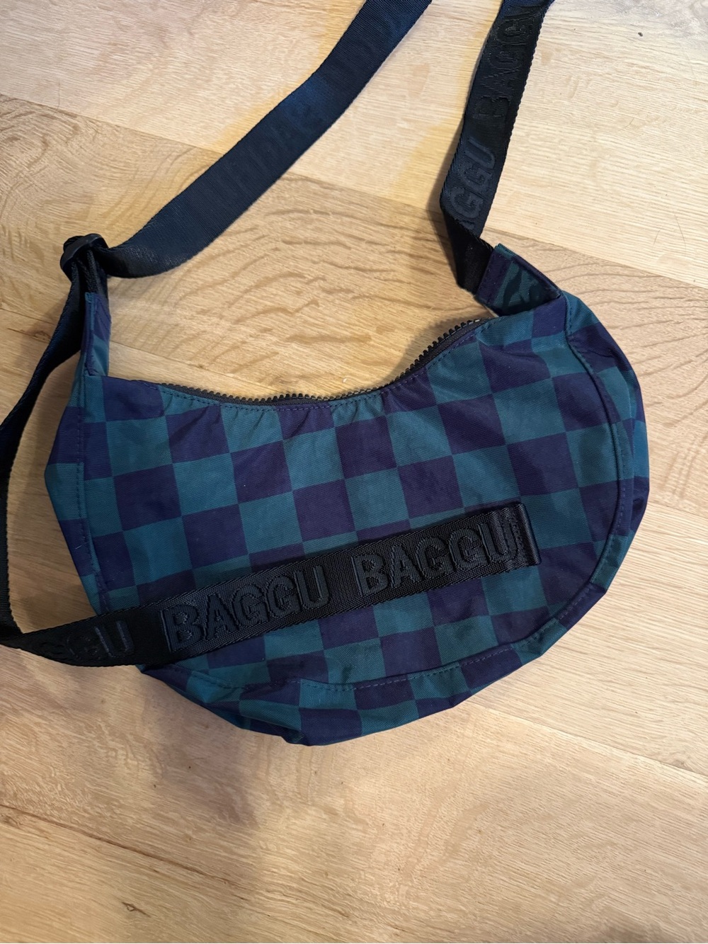 NWOT BAGGU Blue and Green Checker Crescent Bag